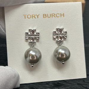 Tory Burch Logo Pearl Drop Earrings (Silver-Plated) (NWT)